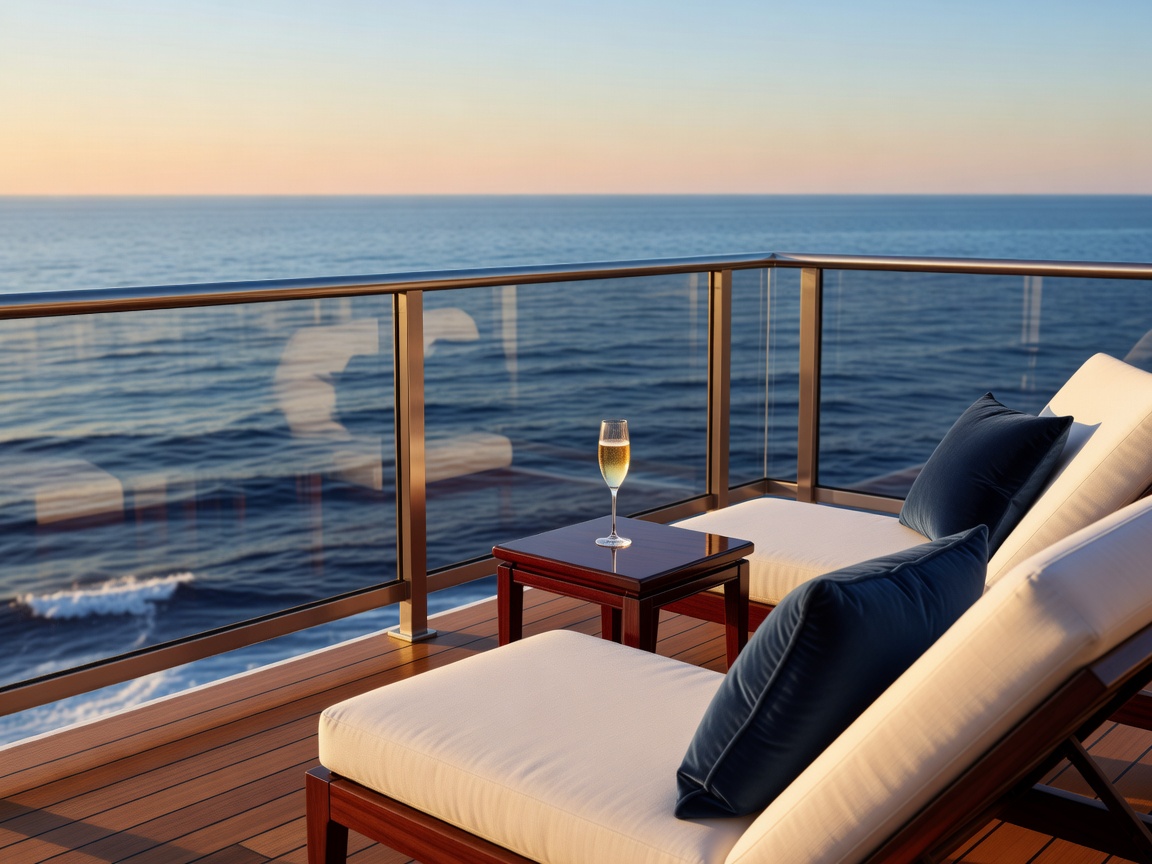 Elegant luxury cruise suite balcony with open ocean view