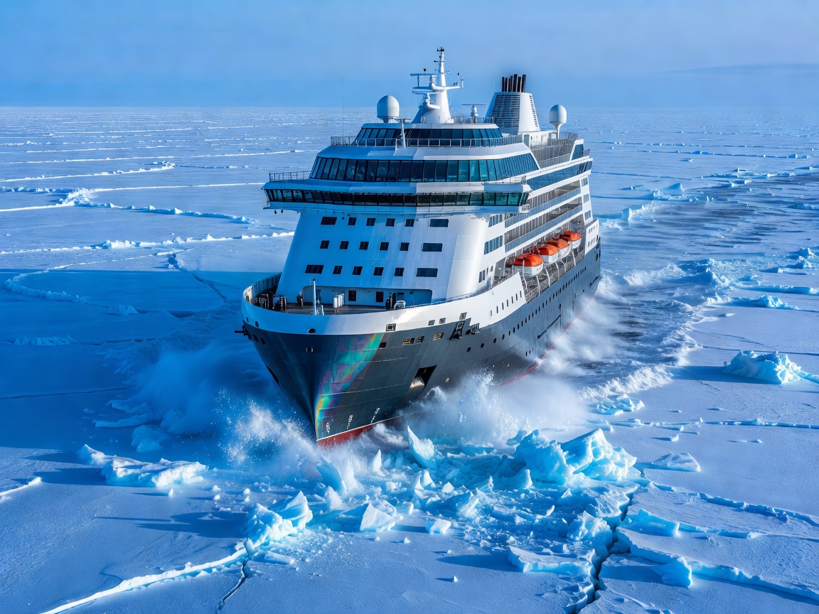 High-tech icebreaker cruise ship cutting through blue sea ice