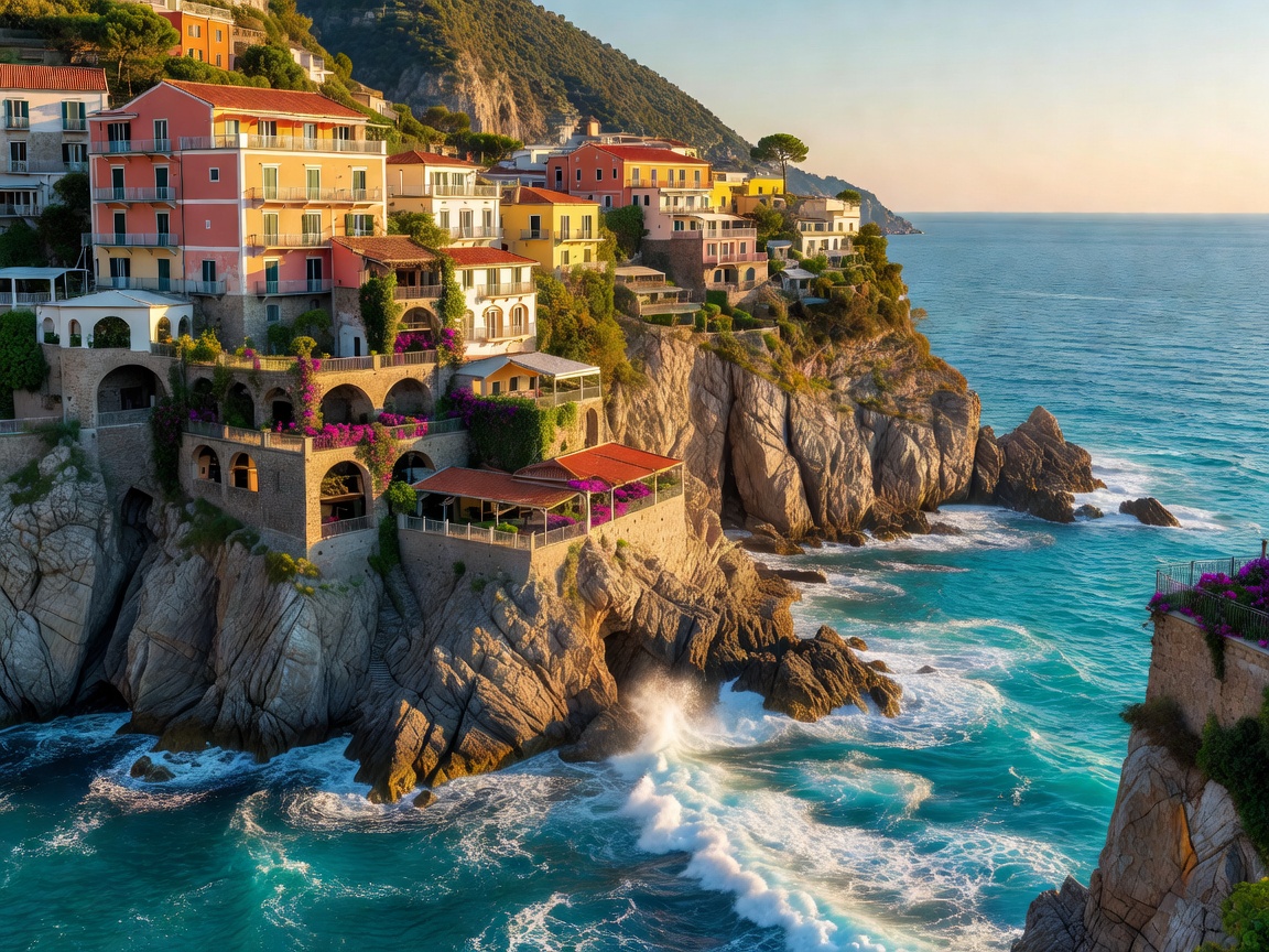 Cliffside village overlooking the deep blue sea on the Amalfi Coast