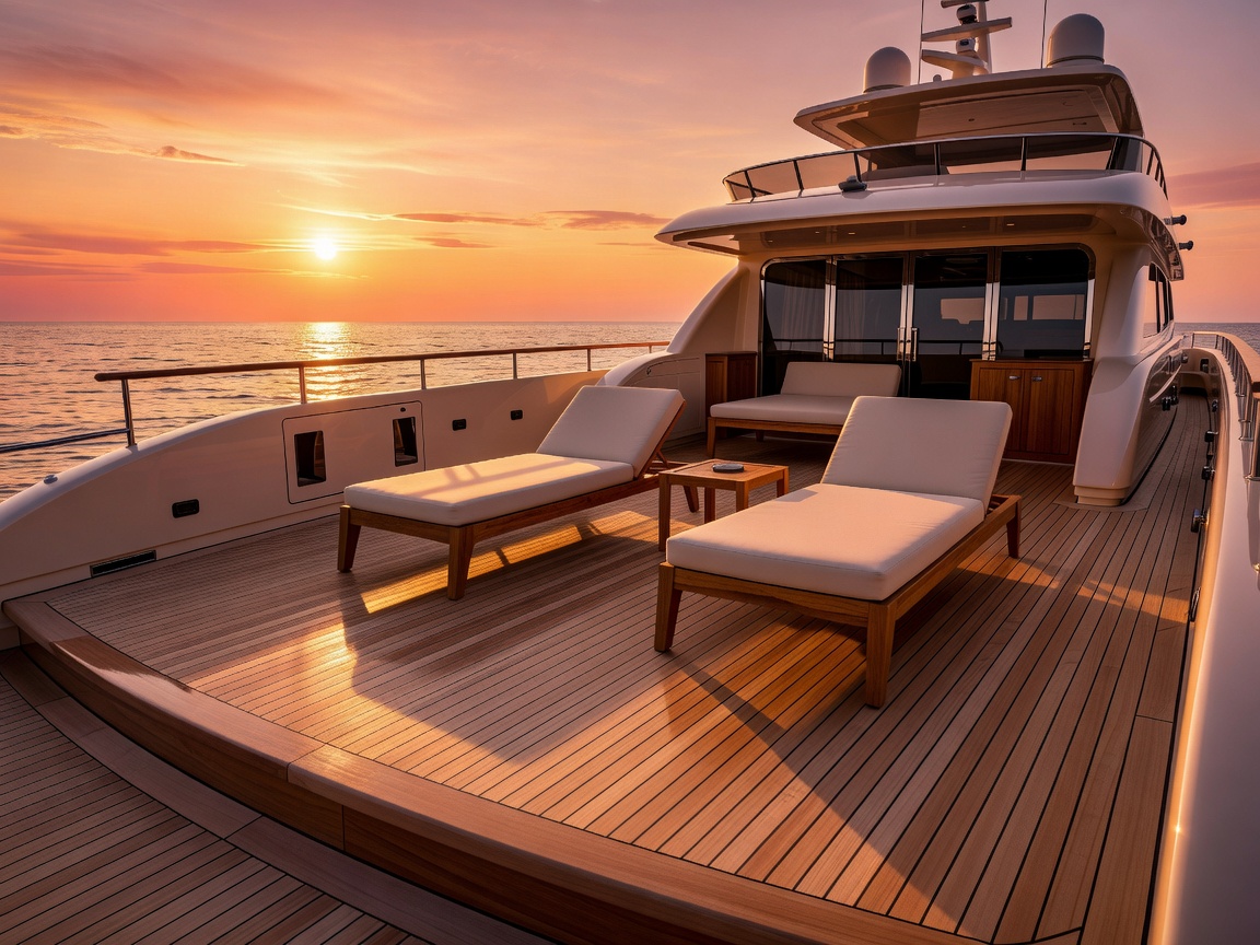 Superyacht deck with wooden finishes at sunset