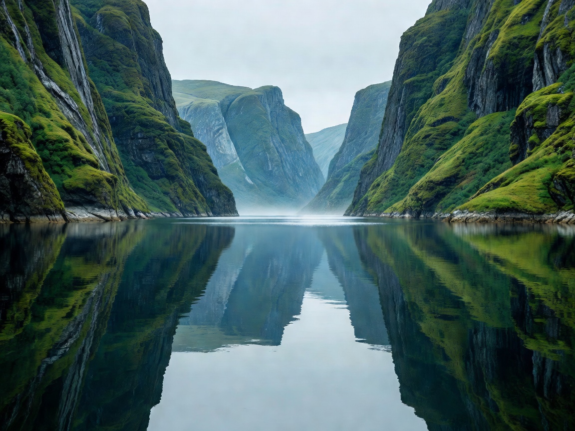 Majestic snowy fjords rising out of tranquil blue Scandinavian waters